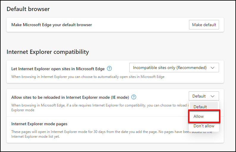 allow sites to be reloaded in IE mode