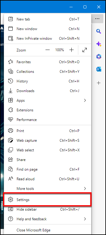 settings and more menu