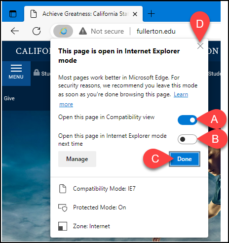 page is open in IE mode