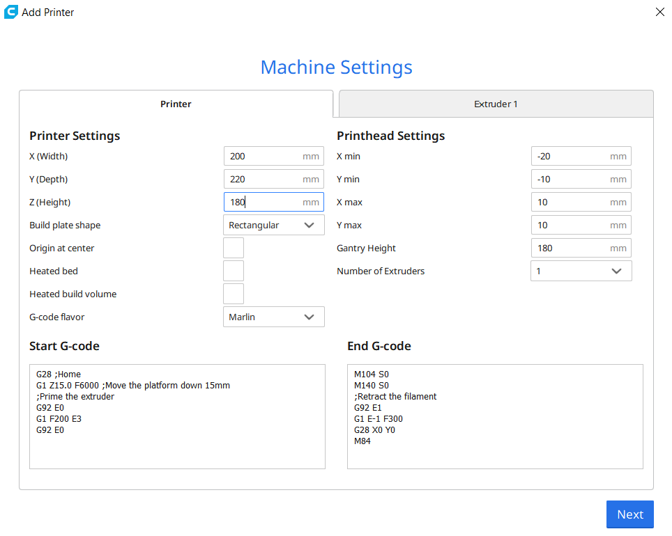 Cura machine settings page printer tab