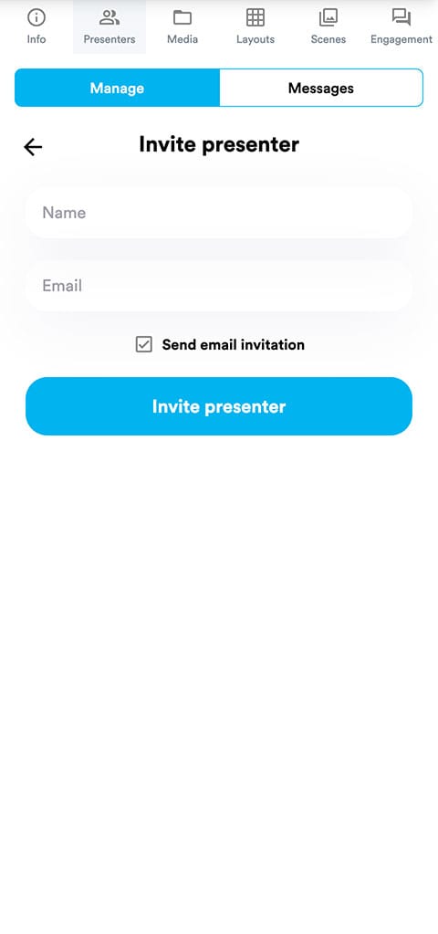 Invite presenter by adding name and email address