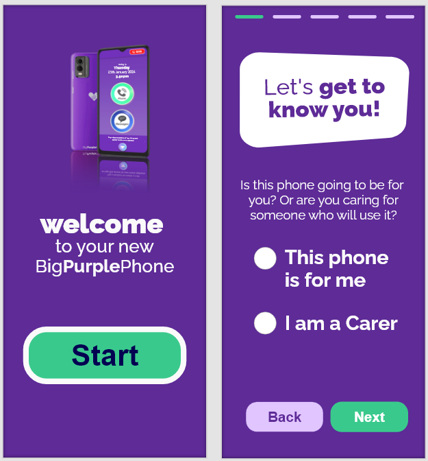 Image of the first screen when you login to the BigPurplePhone where you can set up a Carer